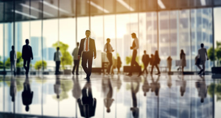 Blurred business people in white glass office background. Generative AIの素材