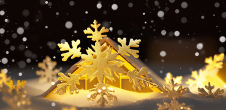 Snowflex shape yellow light on the black background. Chrismas theme decoration on the roof. Glitter light, Generative AIの素材