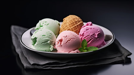 Ice cream on dark plate. Generative AIの素材