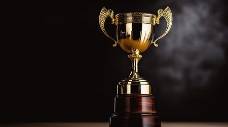 Trophy Shines Brightly on a Dark Background, Resplendent on a Wooden Table. Generative AIの素材