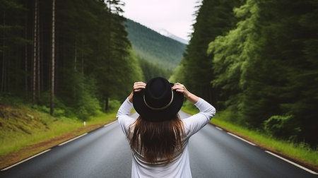 Trendy woman in black hat standing in solitude on remote road with lush green trees, Generative AIの素材