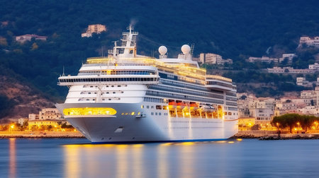 Beautiful white giant luxury cruise ship on stay at harbor, Generative AIの素材