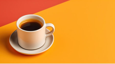 High angle of white ceramic cup with hot aromatic coffee placed on bright colorful background. Generative AIの素材