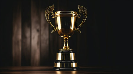 Low key image of trophy over wooden table and dark background, Generative AIの素材
