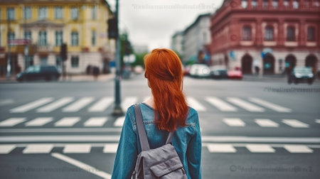 Back view of anonymous female with red hair standing near crosswalk. Generative AIの素材