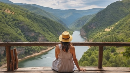 Back view of unrecognizable young female traveler in straw hat sitting on wooden pillar admiring breathtaking scenery of river canyon. Generative AIの素材