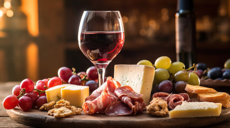 Antipasto of meat and cheese with a glass of wine. On wooden table. Generative AIの素材