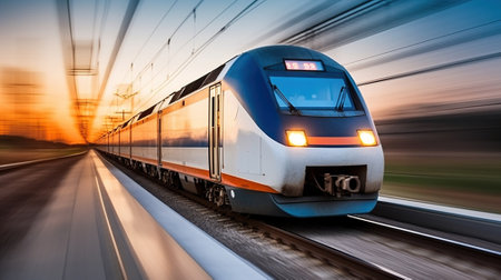 A High-Speed Train Blazes Through Rail Tracks with Impressive Speed. Generative AIの素材