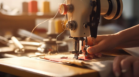 Back view of unrecognizable female tailor putting thread into sewing machine while working in light atelier. Generative AIの素材