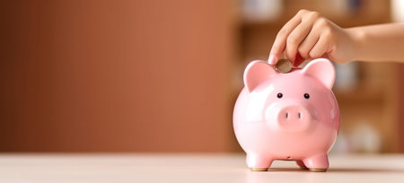 Female finger putting a coin into piggy bank, Generative AIの素材