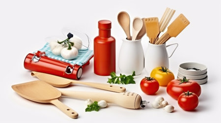 Simplicity and Style, Kitchen Accessories Staged on a White Background for Modern Elegance. Generative AIの素材