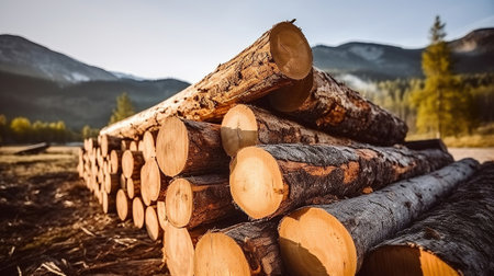 Logs stacked in the mountain. Generative AIの素材
