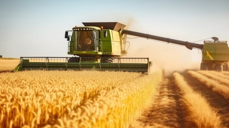 Huge combine harvester collecting and pouring wheat grain in trailer placed on farm in summer. Generative AIの素材