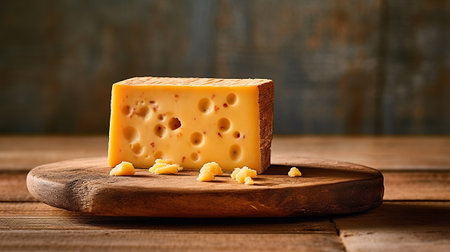 Cheese on a board on a wooden table, Generative AIの素材