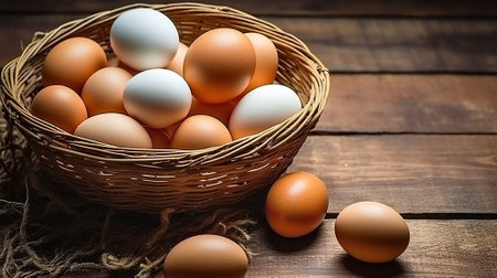Eggs in a basket On a wooden background. Generative AIの素材
