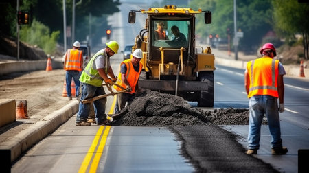 A workers team repairs road under the program of urban planning repairs, Generative AIの素材