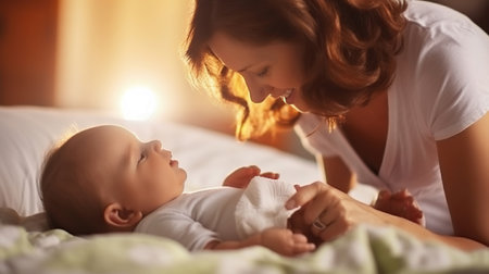 Mother playing with baby in bed, Generative AIの素材