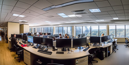 Panorama view of empty call center operator workspace. Generative AIの素材
