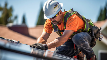 Harnessing the Sun's Power - A worker installs solar panels on the roof of a house. Generative AIの素材
