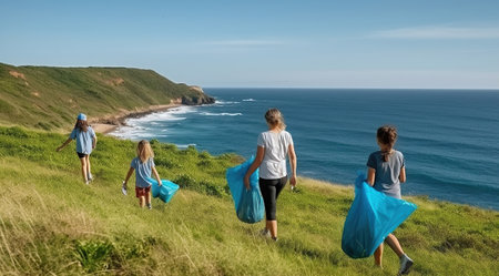 Harmony in Action, Multi-Generational Eco Activists Cleanse Nature's Canvas on sunny day. Generative AIの素材