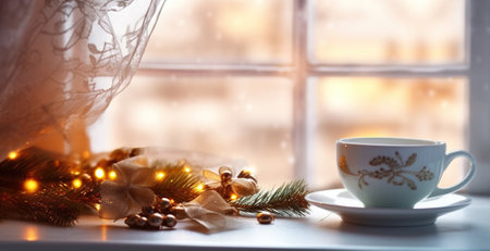 Window with a cup of hot drink, new year decoration. Merry Christmas and happy holidays. Generative AIの素材