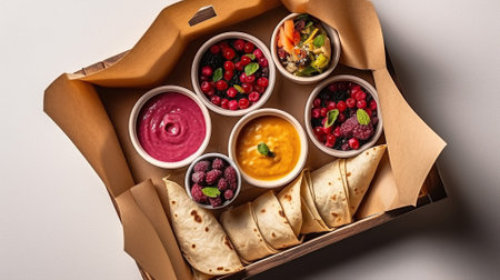 From above of delicious buckwheat crepe with roasted vegetables in carton container arranged with beetroot cream and ripe fruits in bowls on table, Generative AIの素材