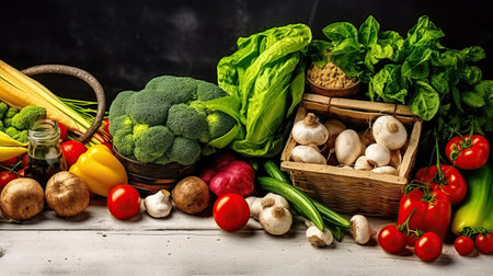 Healthy food. Variety of organic vegetables and fruits On a rustic background. Generative AIの素材