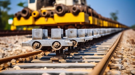 Railway or railroad construction site, railroad track installation machine is in use. Generative AIの素材