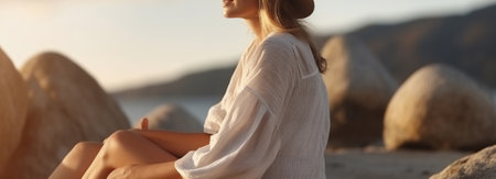 A Happy Lady in a Straw Hat, Basking in the Tranquility of Seashore Cliffs. Generative AIの素材