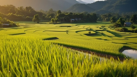 Nature's Canvas, Capturing the Evening Glow in the Verdant Rice Fields. Generative AIの素材