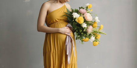Unrecognizable female in yellow dress stroking baby belly while standing with gentle floral bouquet against gray wall. Generative AIの素材
