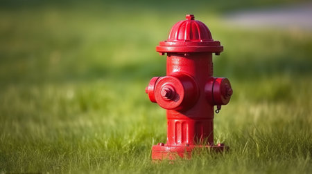 Bright red isolated fire hydrant sits in a freshly cut grass field, Generative AIの素材