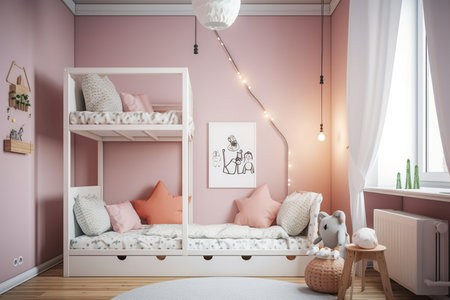 Girls kids room light colours and high quality, beds minimalistic. Generative AIの素材