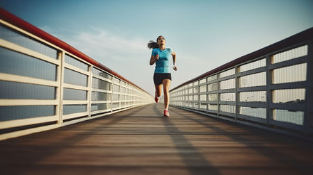 Fitness woman runner running on seaside bridge. Generative AIの素材