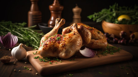 Grilled Chicken Drumsticks on a Wooden Chopping Board, with Ingredients Aplenty. Generative AIの素材