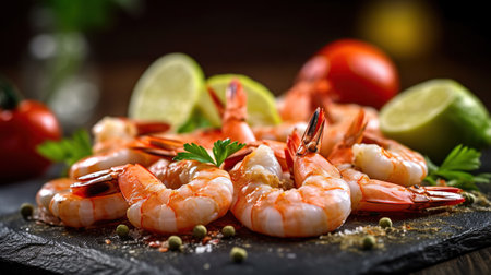 Raw Shrimps Artfully Arranged on a Stone Board, Accented with Vibrant Cherry Tomatoes, Exotic Spices, and Citrusy Lime, against a Black Rustic Backdrop. Generative AIの素材