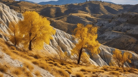 A Captivating Autumn Landscape of Sunlit Yellow Trees Amidst Rocky Terrain. Generative AIの素材
