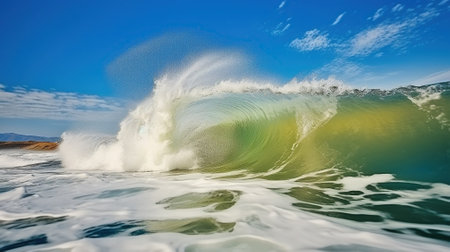 Majestic Waves Engulfing the Turbulent Seas Beneath an Blue Sky. Generative AIの素材