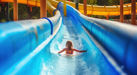 Young girl on water slide at aquapark. Generative AIの素材