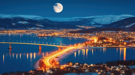 Captivating Urban Landscape of Tromso in Northern Norway Bathed in the Glow of the Full Moon. Generative AIの素材