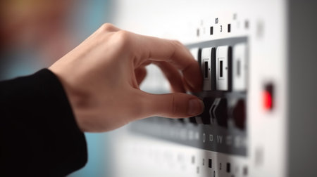 Electricity, energy and power consumption concept - close up of hand switching electric board at home. Generative AIの素材