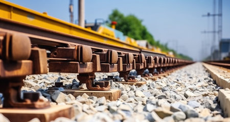 Railway or railroad construction site, railroad track installation machine is in use. Generative AIの素材