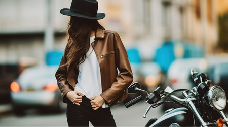 Rear View of a Bold and Assured Female Biker, Standing Proudly by Her Parked Motorcycle. Generative AIの素材