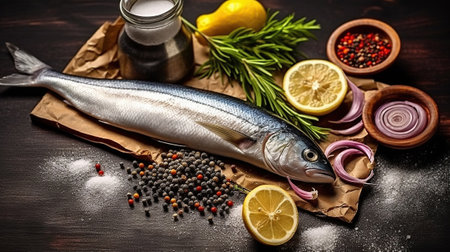 Savoury Delicacy, Salted Herring with Spices, Onions, and Lemon on a Rustic Canvas. Generative AIの素材