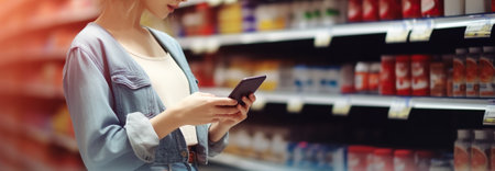 Side view of caucasian woman scans qr code of product using smartphone. Shelves with food in background. Generative AIの素材