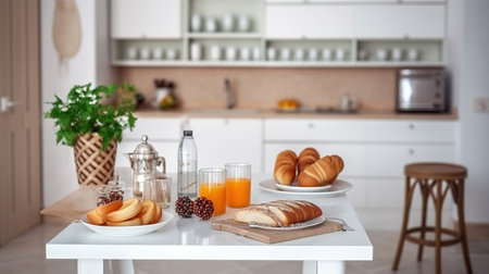 interior of small white kitchen with fresh fruit, two glasses of orange juice, and cookies on the table. Generative AIの素材