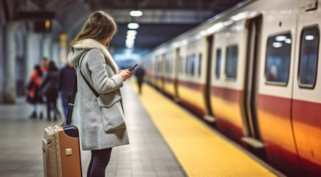 A woman with suitcase looking at phone while waiting train station. Generative AIの素材