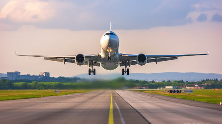 White Passenger plane fly up over take-off runway from airport, Generative AIの素材