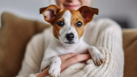 Unrecognizable woman wearing knitted sweater and mom jeans with cute doggy on her lap. Close up, Generative AIの素材