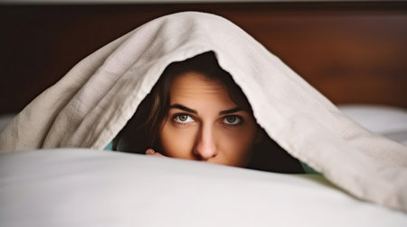 Woman hiding under a blanket. Person in bed. No one can find me. Generative AIの素材
